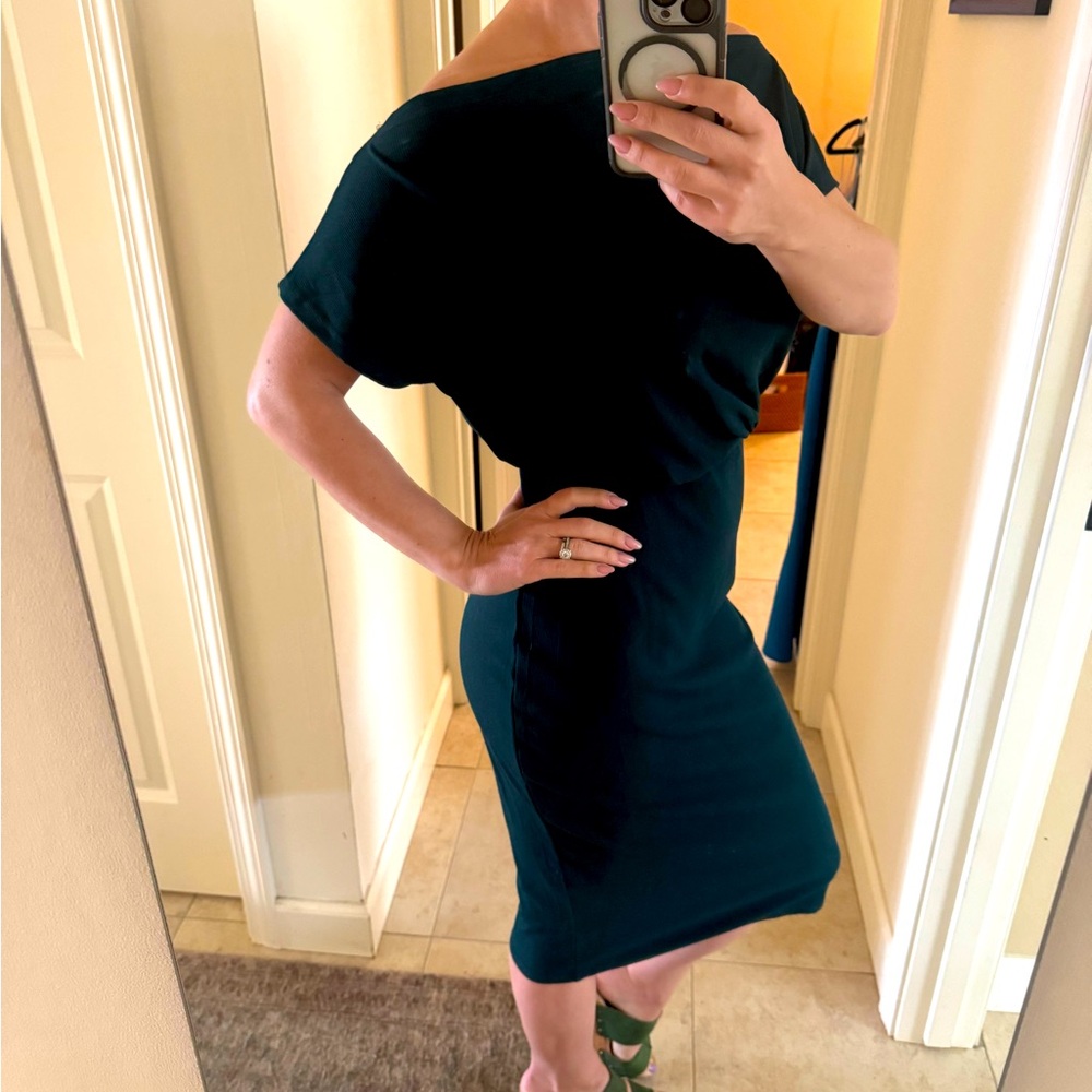 Boat-neck/off the shoulder dark green midi dress